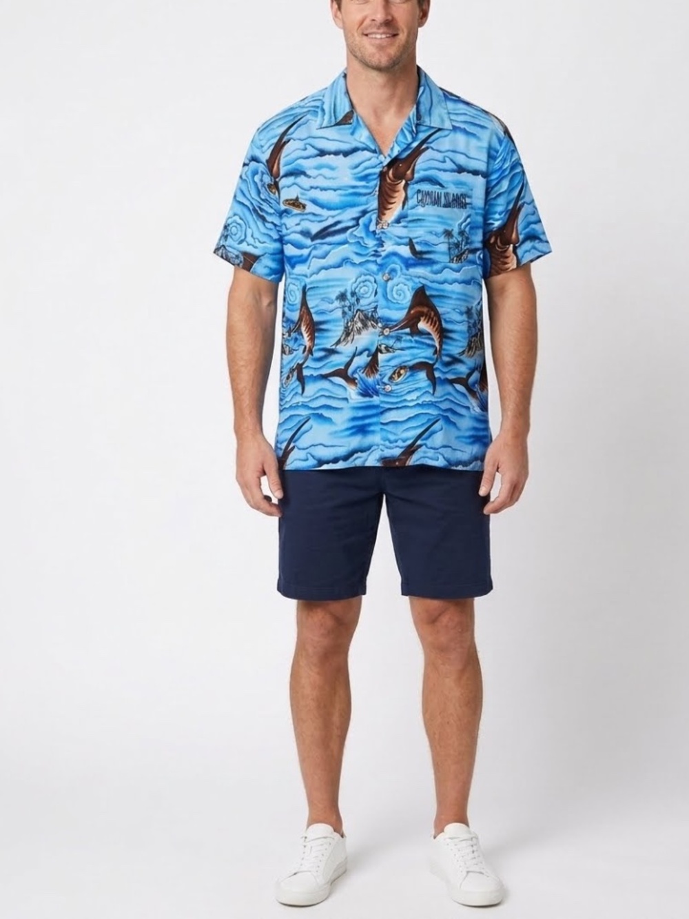 VINTAGE CAYMAN ISLANDS INGEAR SHORT SLEEVE BLUE HAWAIIAN BUTTON DOWN CAMP SHIRT